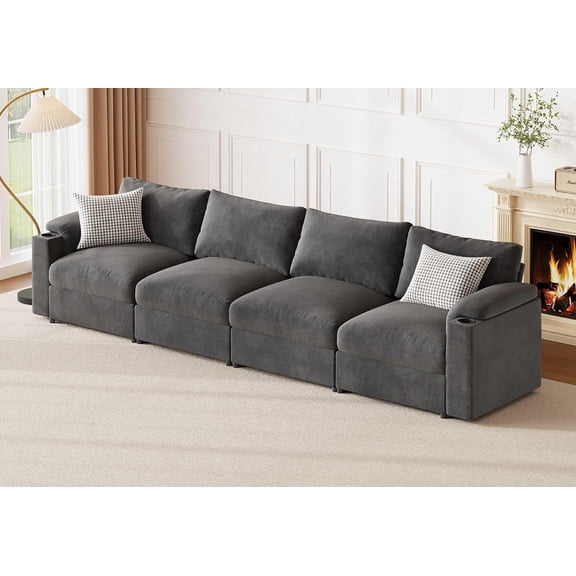 Sectional Couches for Living Room FSC Certified Velvet Modular Couch Oversized Cloud U Shaped Convertible Sleeper Sofa Chaise Detachable Armrest Cushion (Velvet Grey, 4 Seat)