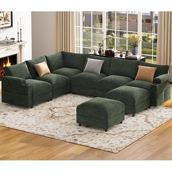 Sectional Couches for Living Room FSC Certified Velvet Modular Couch Oversized Cloud U Shaped Convertible Sleeper Sofa Chaise Detachable Armrest Cushion (Chenille Green, U Shape 8 Seat)