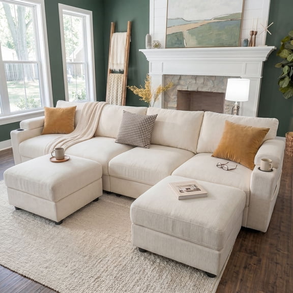 Modular Sectional Sofa,Modern Chenille U Shaped Cloud Couches with 2 Movable Ottoman,Deep Seat Sofa for Living Room, Apartment, Office,4 Seat,Beige