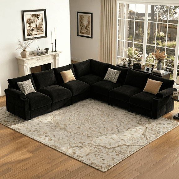 Modular Sectional Sofa,Modern Chenille L Shaped Cloud Couches,Deep Seat Sofa for Living Room, Apartment, Office, 7-Seat,Black