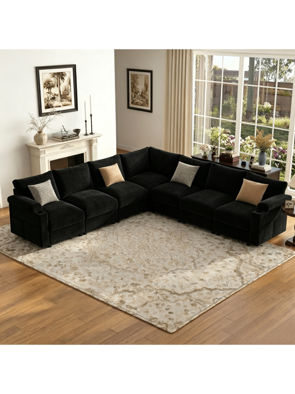 Modular Sectional Sofa,Modern Chenille L Shaped Cloud Couches,Deep Seat Sofa for Living Room, Apartment, Office, 7-Seat,Black