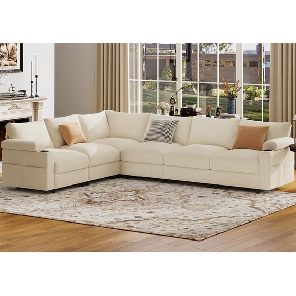 Sectional Couches for Living Room FSC Certified Velvet Modular Couch Oversized Cloud U Shaped Convertible Sleeper Sofa Chaise Detachable Armrest Cushion (Chenille Beige, Corner V Shape 6 Seat)