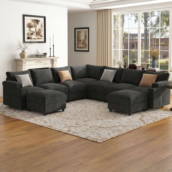 Modular Sectional Sofa,Modern Chenille U Shaped Cloud Couches with 2 Movable Ottoman,Deep Seat Sofa for Living Room, Apartment, Office,7 Seat,Gray