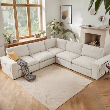 Sectional Couches for Living Room Modular Sofa l Shaped Couch Modern Oversized Convertible Sleeper Sofa with Cup Holder Storage Beige 5 Seater Linen Couch Set Furniture for Bedroom Playroom Apartment