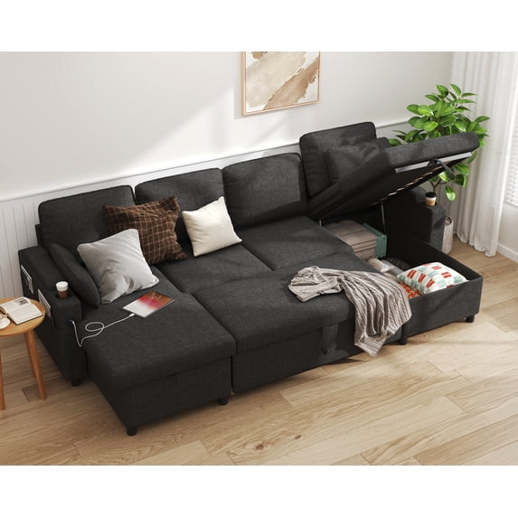 Sectional Couches Sofas Sleeper Bed U shape with Storage for Living Room Family Rooms Dark Gray