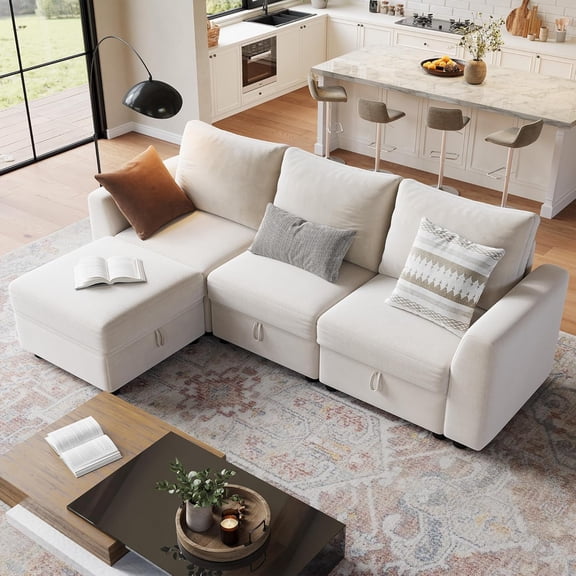 Sectional Couches for Living Room, Cloud Couch Sectional with Large Storage, l-Shape Modular Sectional Sofa with Ottoman (Beige 4-Seater)