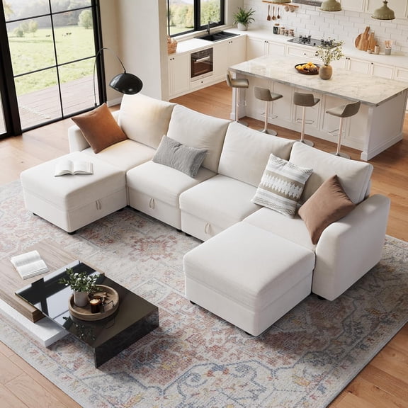 Sectional Couches for Living Room, Cloud Couch Sectional with Large Storage, l-Shape Modular Sectional Sofa with Ottoman (Beige 6-Seater)