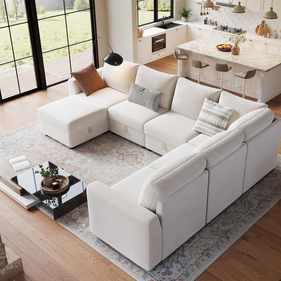 Sectional Couches for Living Room, Cloud Couch Sectional with Large Storage, l-Shape Modular Sectional Sofa with Ottoman (Beige 7-Seater)