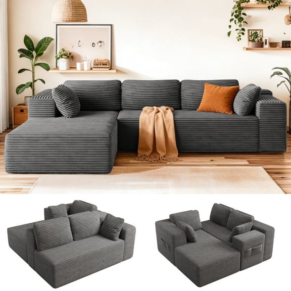 Couch, Jolifa 105" Sectional Sofa with Boneless Seat & L-Shaped Chaise, No Assembly Required Modern Sofa for Living Room, Dark Grey (Plush Corduroy Fabric)