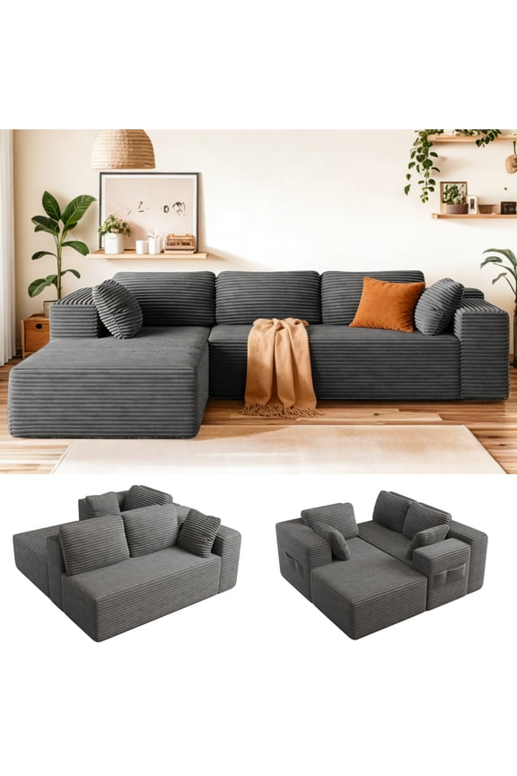 Couch, Jolifa 105" Sectional Sofa with Boneless Seat & L-Shaped Chaise, No Assembly Required Modern Sofa for Living Room, Dark Grey (Plush Corduroy Fabric)