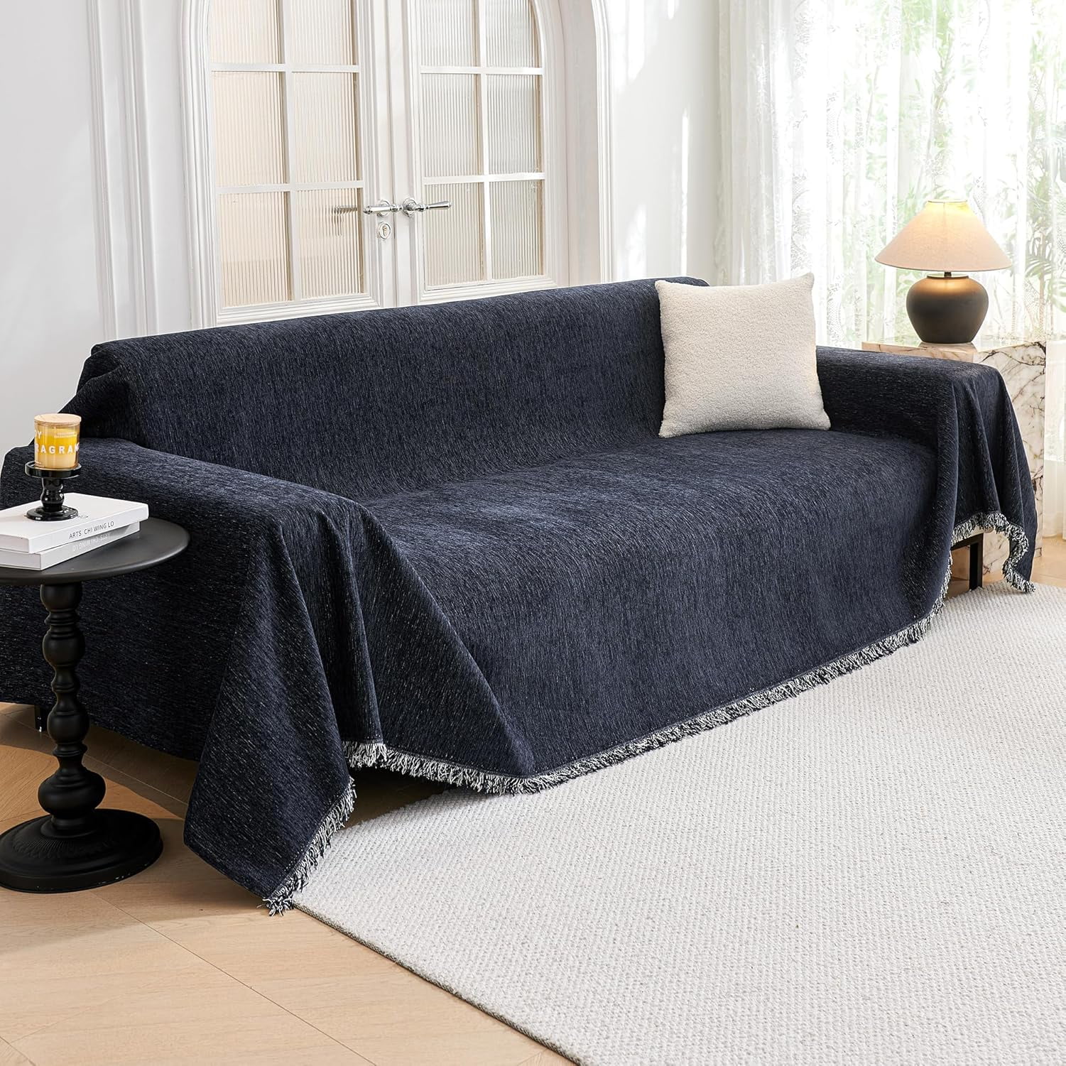 Sectional Cover Couch, Couch Cover for Dogs, Washable Couch Covers for 3 Cushion Couch Sofa, Super Soft Chenille Sofa Slipcover, Non Slip, Furniture Protector, 91"x134", Navy Blue