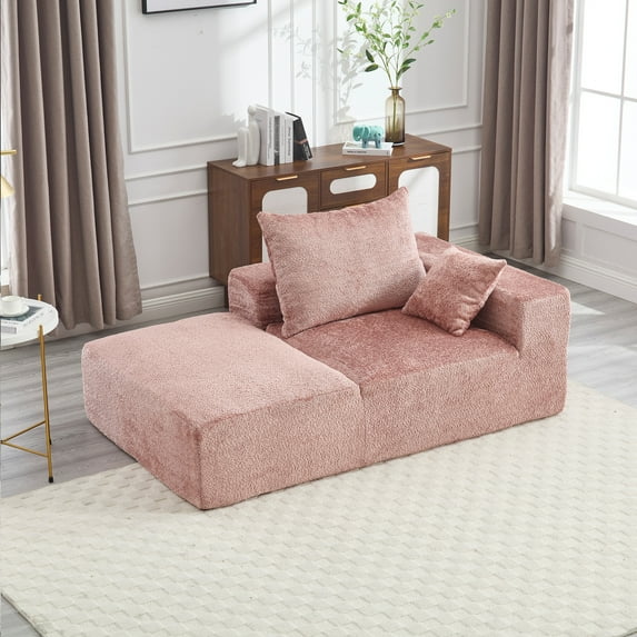 Sectional Double Lounge Chaise with Chenille Sofa Bed, Fluffy Modern Sleeper Loveseat Chair for Indoor Living Room Bedroom Reading, No Assembly Required (Pink)