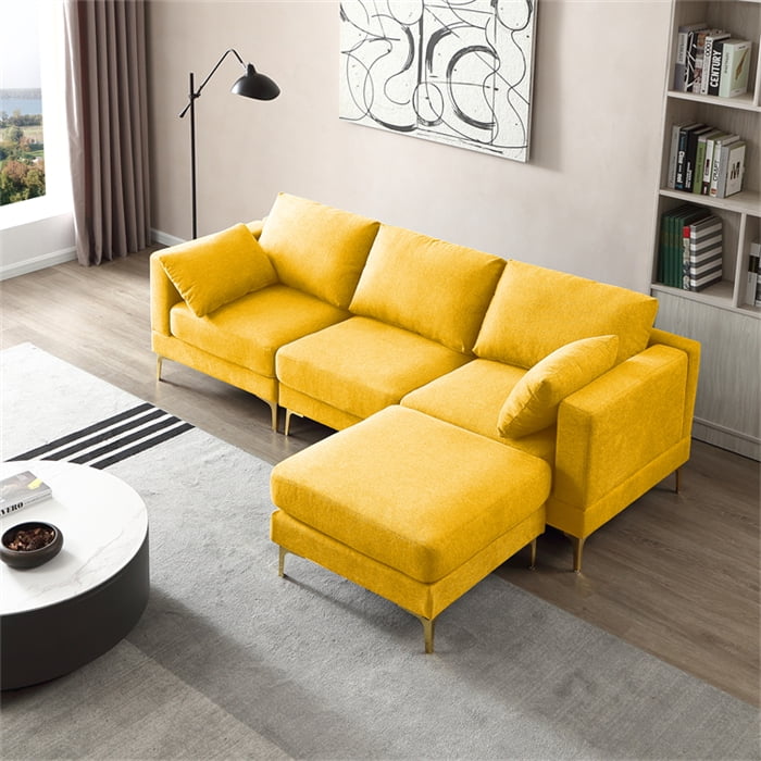 Sectional LShaped Couch, 3 Seater Sofa with 2 Pillows and Reversible Ottoman, Modern Linen