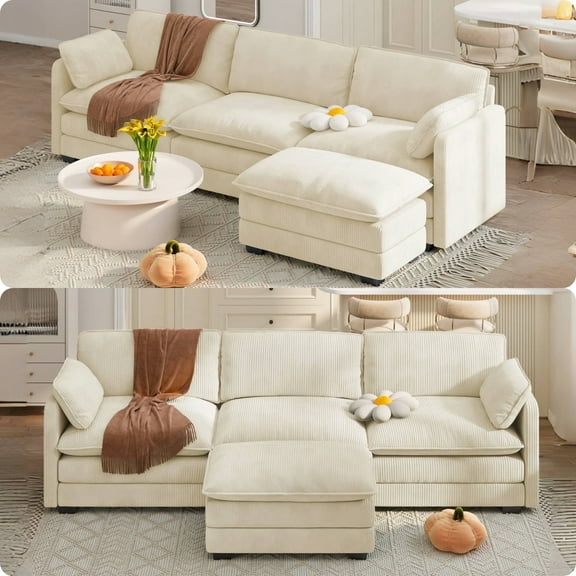 Sofa, Lofka Sectional Comfy Cloud Couch Bed with Movable Ottoman and Soft Seat Cushion, 440lbs, Beige