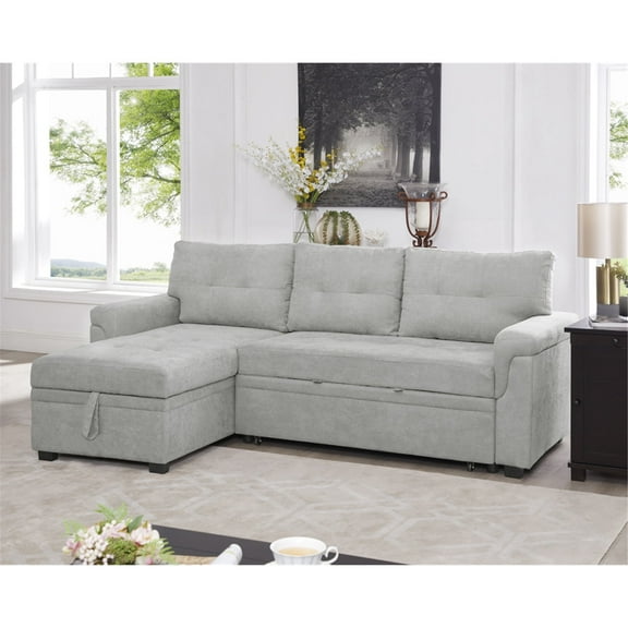 Sectional Leather Couch with Storage Chaise, Tufted Pull Out Couch with Storage, Sectional Bed, L-Shaped Faux Leather Sectional Sleeper Sofa, Velvet, Gray