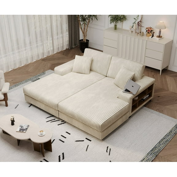Sectional Modern Sleeper Sofa Bed Couches with 2 Pillows, 2-Seater Oversized Double Chaise Lounge Chair Indoor with Side Cabinet, Chaise Sofa Bed Couch for Living Room,Office, Apartment, Beige