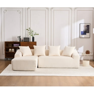 Sectional Modern Sleeper Sofa Couches, 101''Comfy 3 Seater L-Shaped Lounge Cloud Couch, Modular Corduroy Convertible Sponge Compression Sofas with Chaise, Deep Seat Modern Sofa for Living Room, White