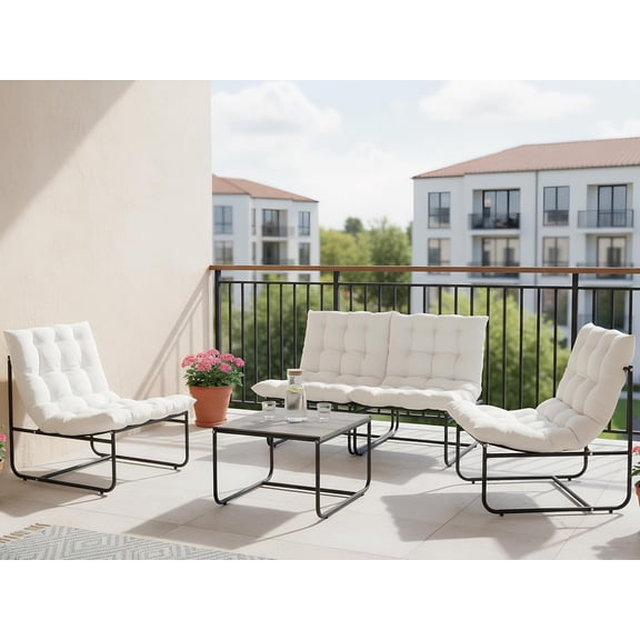 Sectional Outdoor Furniture, Patio Couch Set with Cushion, Modern Patio Conversation Sets with Table, Outdoor Sofa Set for Balcony, Lawn, Deck & Porch, Pure White