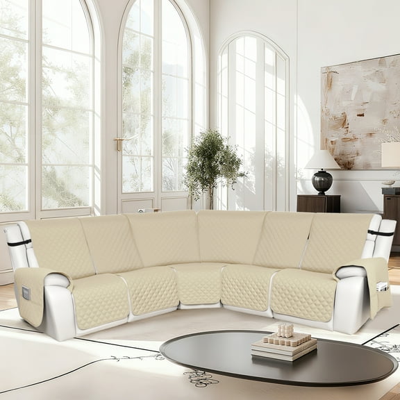 HDCAXKJ 100% Waterproof Reclining Sectional Couch Covers L-Shape Recliner Sofa Cover 5 Seat, Beige