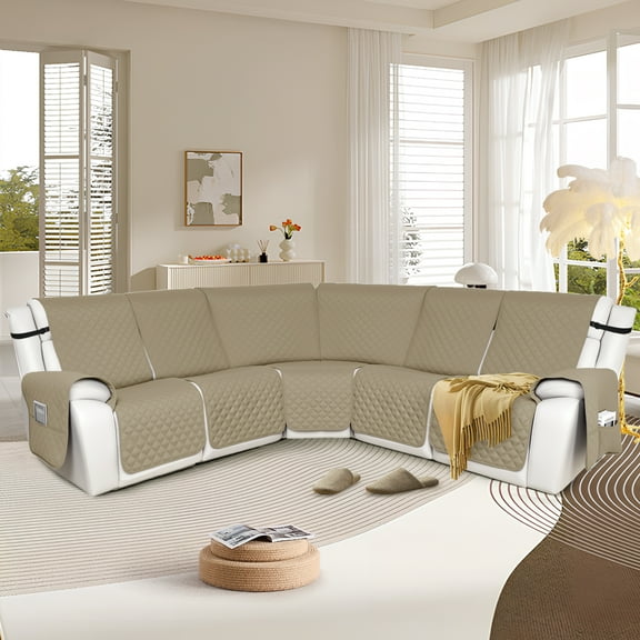 HDCAXKJ 100% Waterproof Reclining Sectional Couch Covers L-Shape Recliner Sofa Cover 5 Seat, Khaki