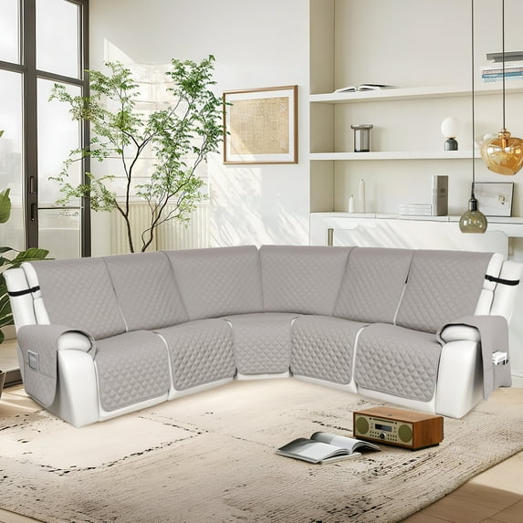 HDCAXKJ 100% Waterproof Reclining Sectional Couch Covers L-Shape Recliner Sofa Cover 5 Seat, Light Gray