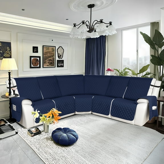 HDCAXKJ 100% Waterproof Reclining Sectional Couch Covers L-Shape Recliner Sofa Cover 5 Seat, Navy Blue