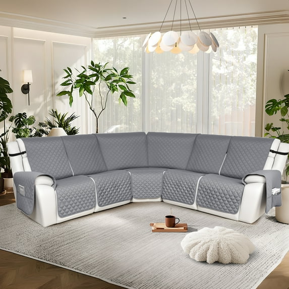 HDCAXKJ 100% Waterproof Reclining Sectional Couch Covers L-Shape Recliner Sofa Cover 5 Seat, Silver Gray
