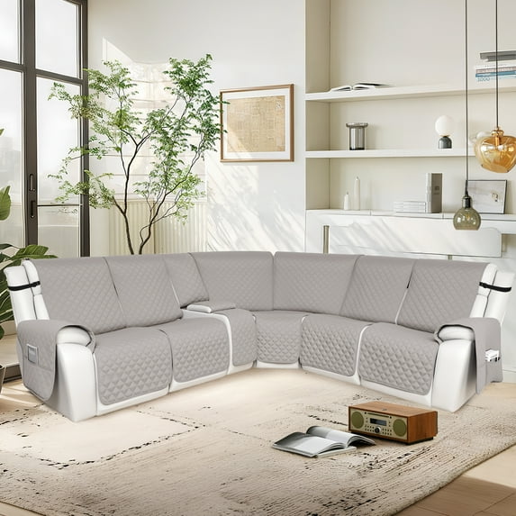 HDCAXKJ 100% Waterproof Reclining Sectional Couch Covers L-Shape Recliner Sofa Cover 5 Seat 1 Console, Light Gray