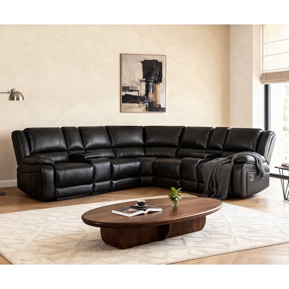 Ellesophas Living Room 109" Manual PU Leather Reclining Sectional Sofa with Footrest, Storage Console & 4 Cup Holders, Black