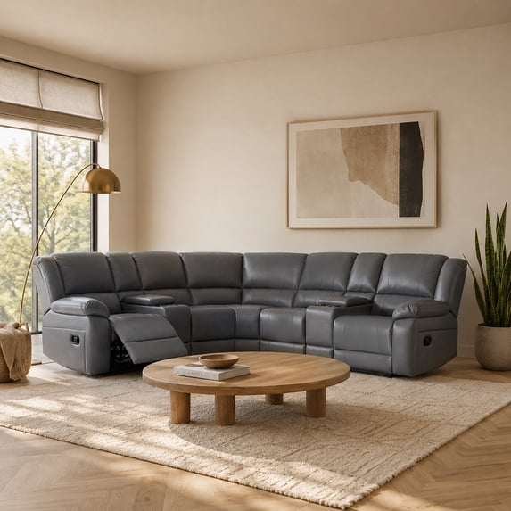 Ellesophas Living Room 109" Manual PU Leather Reclining Sectional Sofa with Footrest, Storage Console & 4 Cup Holders, Gray