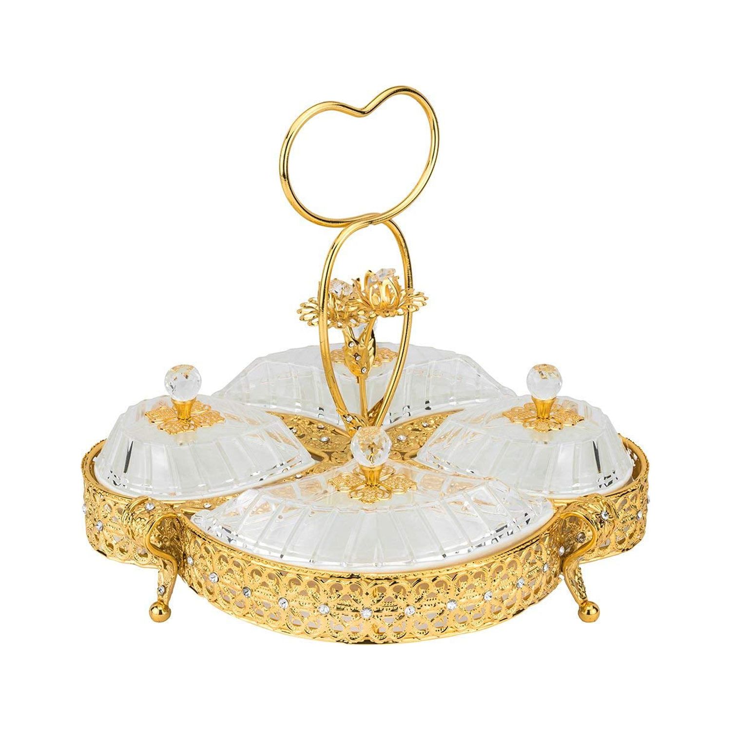 Sectional Serving Tray with 4 Removable Ceramic Dish Dip Bowls Gold