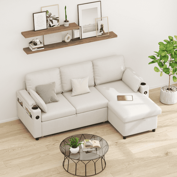 Sectional Sleeper Sofa L shaped Charging Couch with Usb Storage Chaise Reversible Pull Out Bed for Small Space,Beige