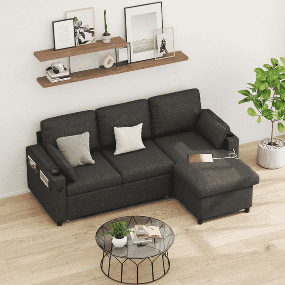 Sectional Sleeper Sofa L shaped Charging Couch with Usb Storage Chaise Reversible Pull Out Bed for Small Space, Dark Gray