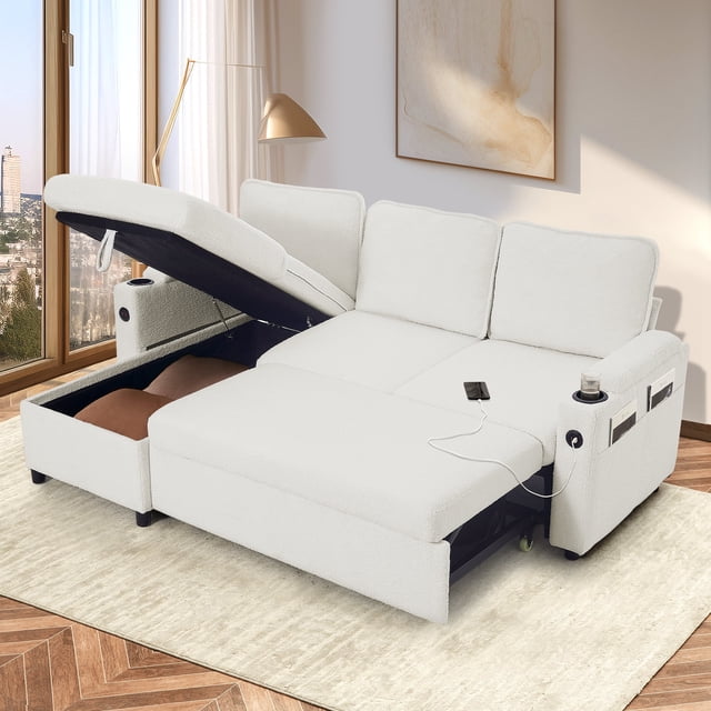 Sectional Sleeper Sofa L shaped Charging Couch with Usb Storage Chaise ...