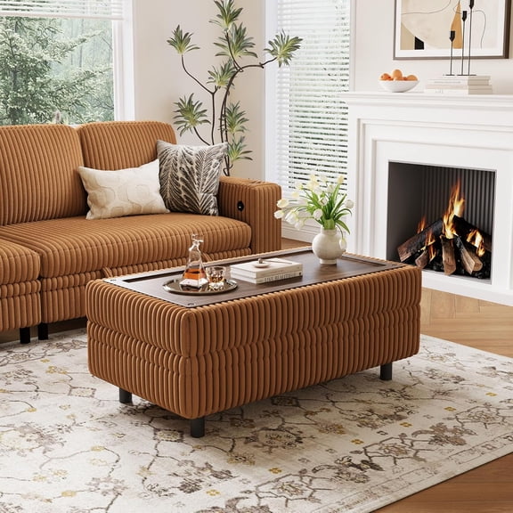 Sectional Sleeper Sofa - Modular Ottoman Module (Brown, Sleeper Sofa Ottoman) | Storage, Convertible, Coffee Table, Plush Corduroy