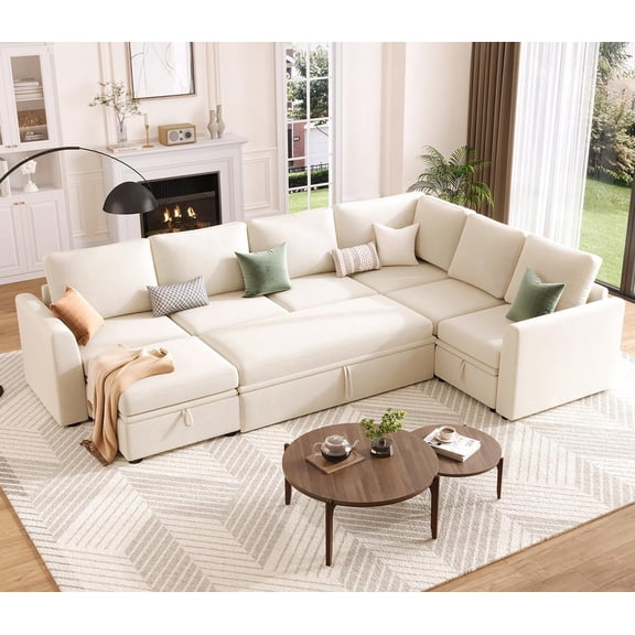 Sectional Sleeper Sofa with Pull Out Bed, Chenille Modular Sectional Sofa L Shaped Couch with Pull Out Couch and Storage Seat, Convertible Couches for Living Room