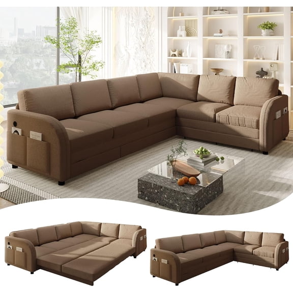 REHOUSING Classic Modern Solid Print Teddy Pull Out Bed and USB Ports Sectional Sleeper Sofa, Brown