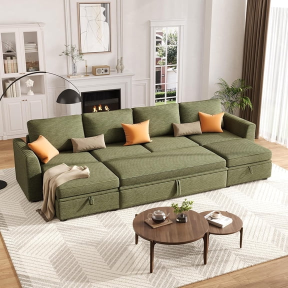 Sectional Sleeper Sofa with Pull Out Bed, Corduroy Modular Sectional 6 Seat Couch with Pull Out Couch and Storage Seat & 2 Ottomans, Convertible Couches for Living Room