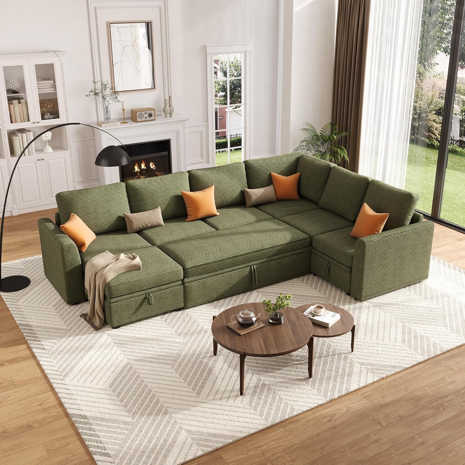 Sectional Sleeper Sofa with Pull Out Bed, Corduroy Modular Sectional ...