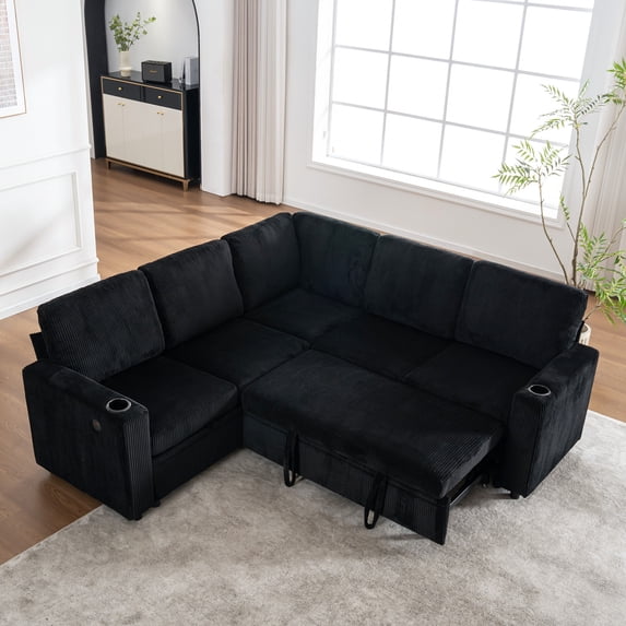 Sectional Sleeper Sofa with Pull Out Bed, Modular Corner Sofa with Storage, Sectional Couches for Living Room, Convertible Sofa Bed for Living Room, Bedroom and Apartment (Black)