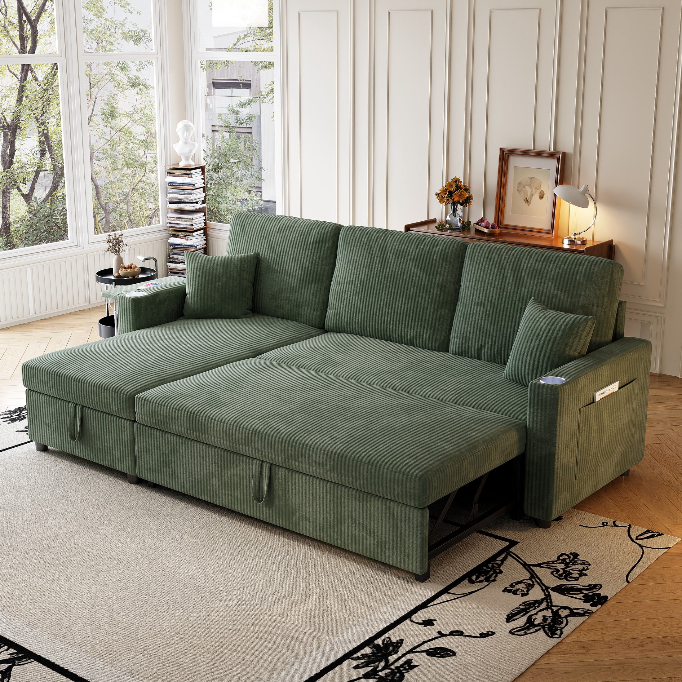 Sectional Sleeper Sofa with Pull Out Couch Bed,Corduroy Folding Sofa