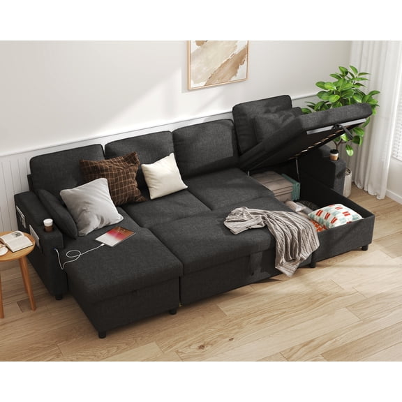 Sectional Sleeper Sofa U shaped Charging Couch with Usb Storage Chaise Reversible Pull Out Bed for Small Space, Dark Gray