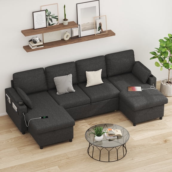 Sectional Sleeper Sofa U shaped Charging Couch with Usb Storage Chaise Reversible Pull Out Bed for Small Space, Dark Gray