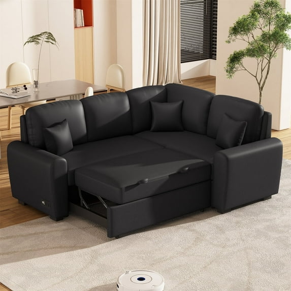 Sectional Sleeper Sofa with USB Charging Port, L-Shape Chaise with Plug Outlet and 3 Pillows, 4-Seat Linen Upholstery Sofa with Pull-out Sofa Bed for Living Room