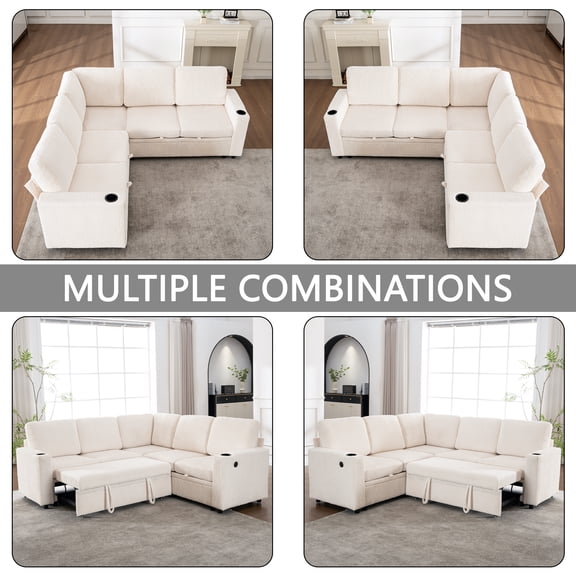 FunMay Modular Corner Sectional Sleeper Sofa with Pull Out Bed, White Corduroy