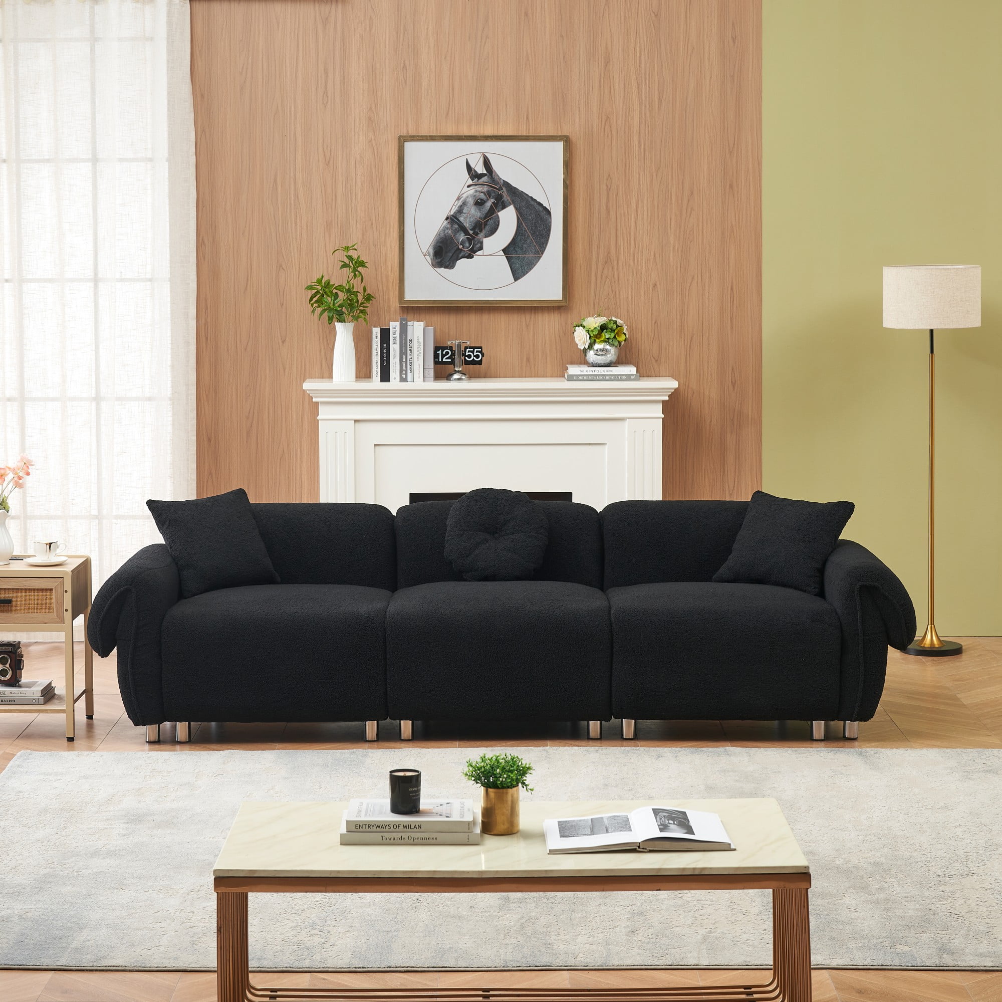 Sectional Sofa,3 Seat Sofa Couch Set with 3 Throw Pillows,112 inch Sofa Couch with Teddy Velvet Fabric for Living Room,Apartment,Black