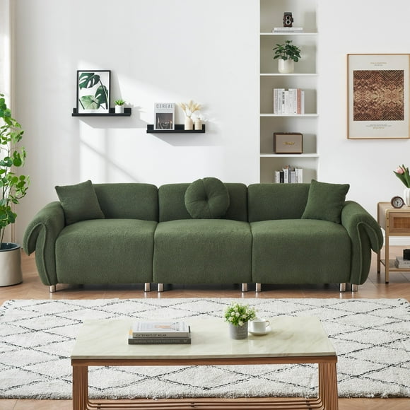 Sectional Sofa,3 Seat Sofa Couch Set with 3 Throw Pillows,112 inch Sofa Couch with Teddy Velvet Fabric for Living Room,Apartment,Green