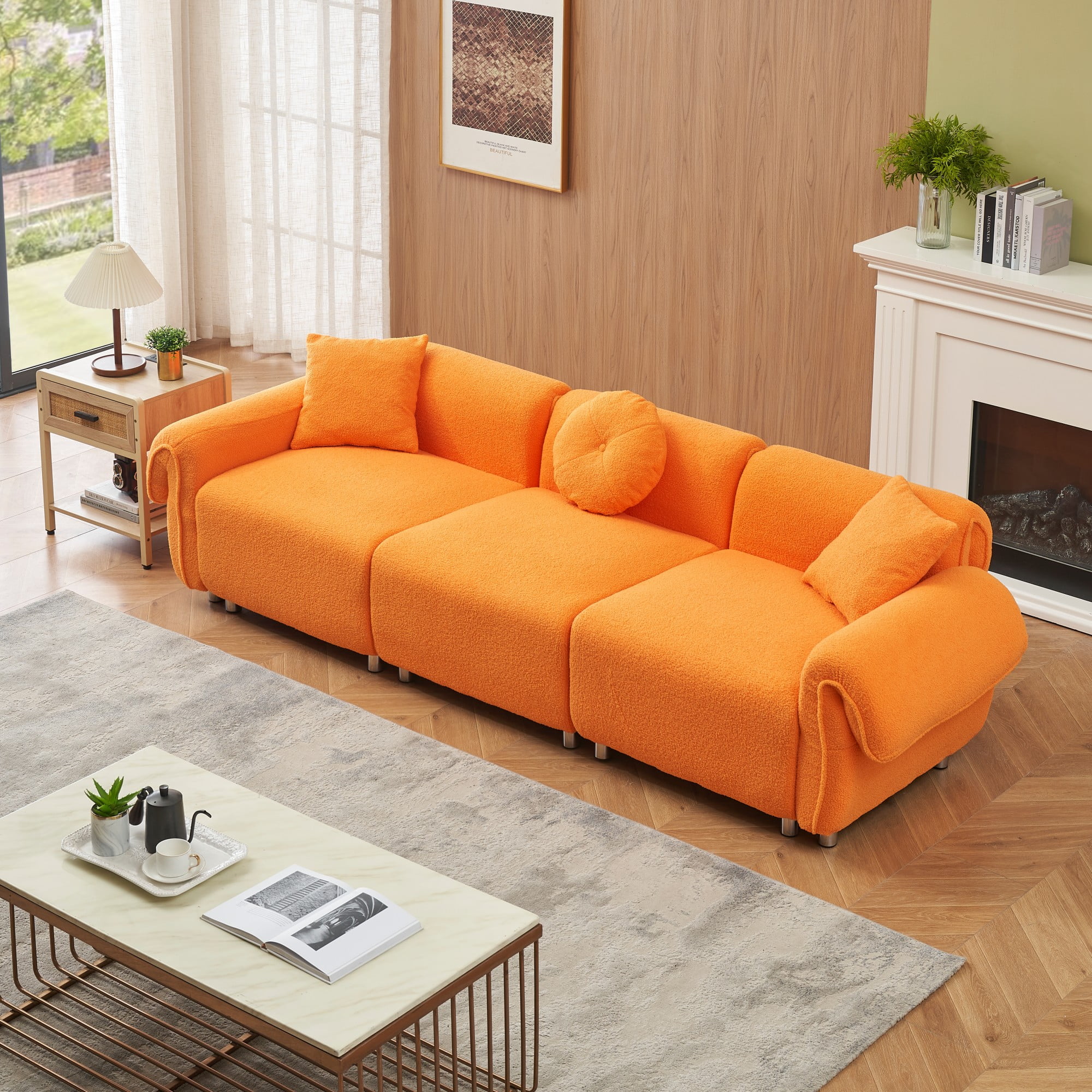 Sectional Sofa,3 Seat Sofa Couch Set with 3 Throw Pillows,112 inch Sofa Couch with Teddy Velvet Fabric for Living Room,Apartment,Orange