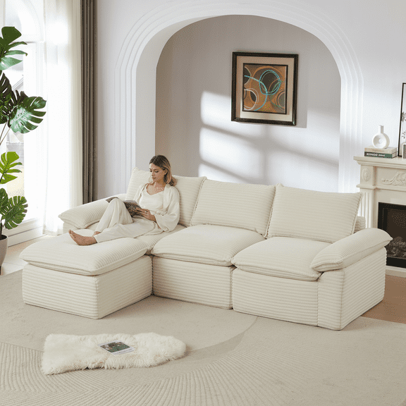 Sectional Sofa, 4 Seat Modular Cloud Couch in White Corduroy Fabric, High Density Foam and Spring Support, Customizable Combination Design for Modern Living Room, Home and Office