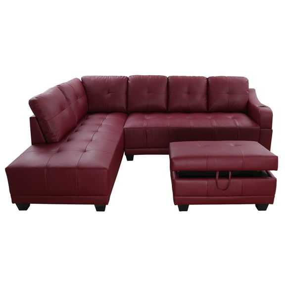 Sectional Sofa_AYCP Furniture_Red Faux Leather Sectional Sofa with Cup Holder on the Arm and Storage Ottoman, Left Hand Facing Chaise, More colors and styles available